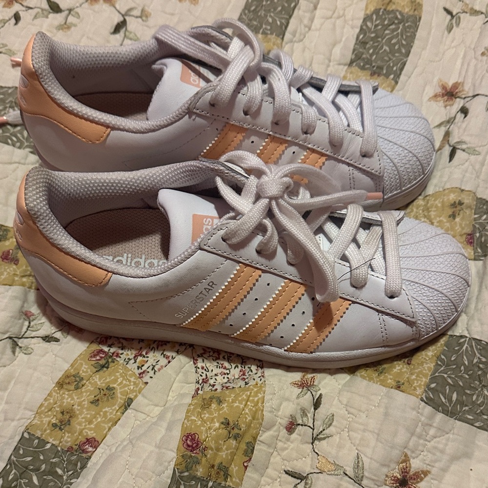 Adidas Women's White and Orange Striped Sneakers